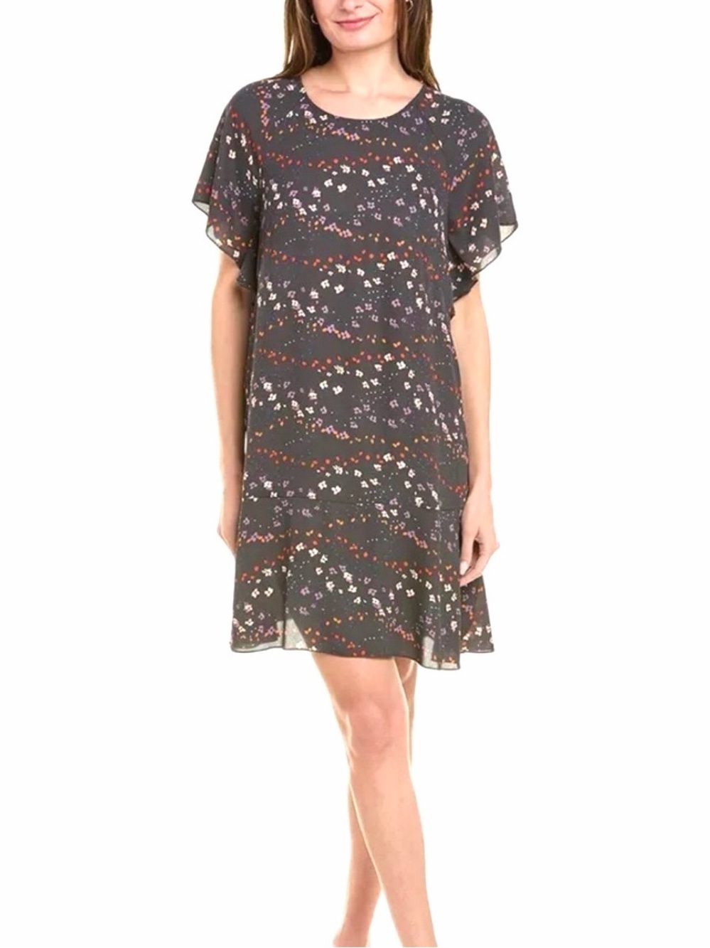 Cabi Flutter Sleeve Shift Dress Gray Floral Multicolor Boho Romantic
Sz Large